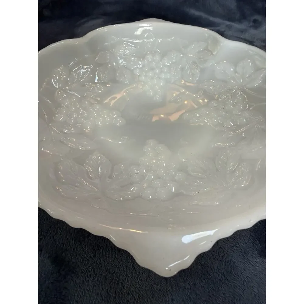 Vintage Anchor Hocking Milk Glass Grape Footed Serving Bowl 10” scalloped edge